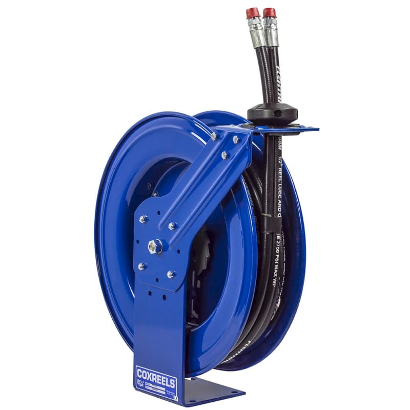 Coxreels Dual Hydraulic Hose Spring Rewind Hose Reel for hydraulic oil:  1/2 I.D., 30' hose, 2500 PSI Model MPD-N-430 - Pneumatics Now Equipment